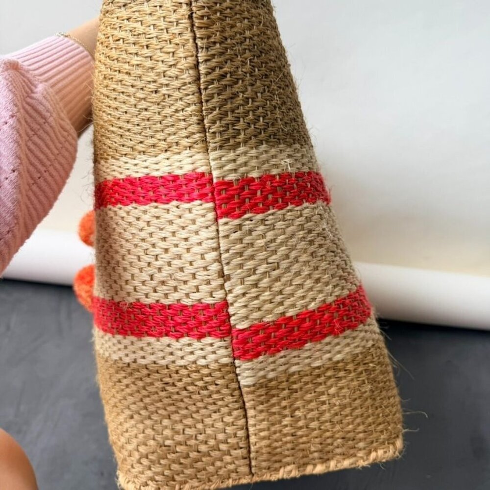 Mar Y Sol Caracas Tote Straw Raffia Pom Pom Beach Tote - Beige/Red - Picture 7 of 11